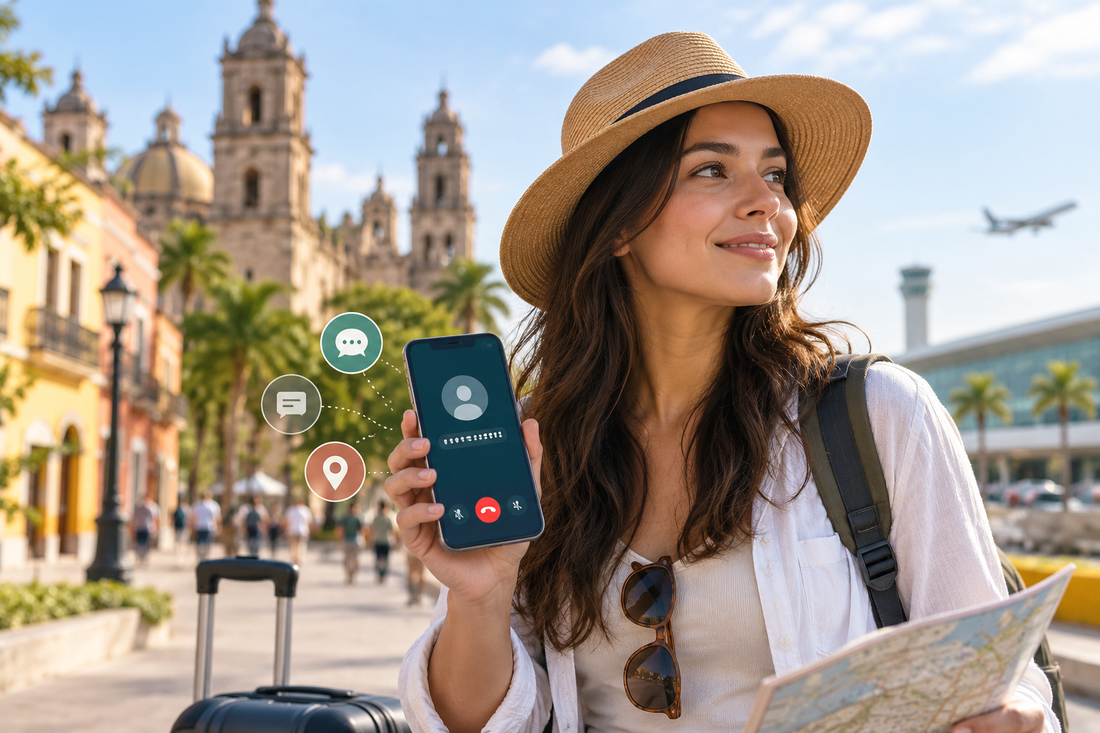 Viajera usando su teléfono en México para mantenerse comunicada